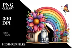 Kitten Flower Rainbow Watercolor Illustration Clipart Product Image 1