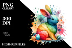 Colorful Bunny Made of Wood on Splashy Background PNG Product Image 2