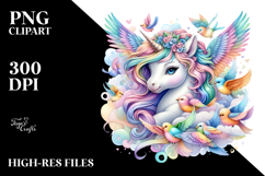 Colorful Baby Unicorn with Flock of Birds PNG Product Image 2