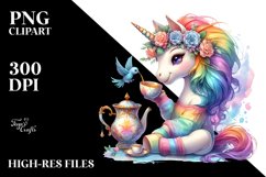 Colorful Baby Unicorn Sipping Tea PNG Product Image 1