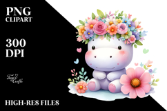 Cartoon Hippo with Flower Crown PNG Product Image 2