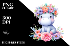 Cute Watercolor Hippo with Flower Crown, PNG Product Image 2