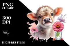Highland Cow with Zinnia PNG Product Image 2