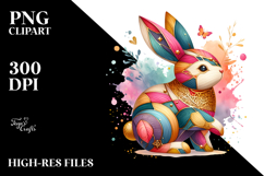 Colorful Wooden Bunny Made of Diamonds, Watercolor PNG Product Image 2