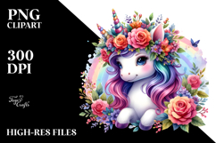 Cute Baby Unicorn with Floral Wreath PNG Product Image 2