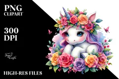 Cute Unicorn with Floral Wreath PNG Product Image 2