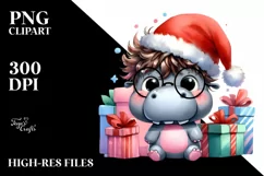 a Pastel Baby Hippo with Santa Hat PNG Product Image 1
