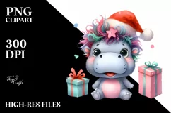 a Pastel Baby Hippo with Santa Hat PNG Product Image 3