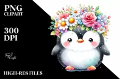 Cute Cartoon-Style Penguin with Flower Crown Clipart Product Image 3