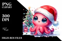 a Vibrant Baby Octopus PNG with Santa Hat Product Image 1