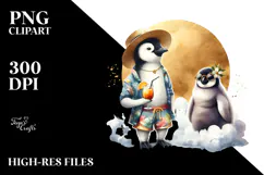 Hipster Penguin in Beachwear Drinking Cocktail PNG Product Image 2