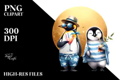 Hipster Penguin in Beachwear Drinking Cocktail PNG Product Image 2