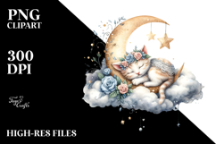 Sleeping Baby Kitten on the Moon, Watercolor PNG Product Image 2