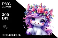 Cute Unicorn with Floral Wreath, PNG Product Image 2