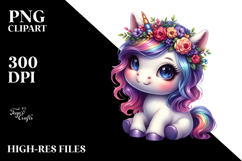 Cute Unicorn with Floral Wreath, PNG Product Image 2