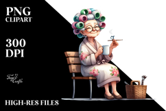 Watercolor Lady Sitting on Bench with Hair Curlers | Clipart Product Image 2