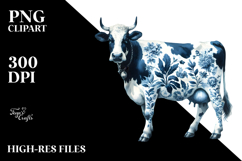 Blue Toile Cow Portrait, Vibrant Watercolor PNG Product Image 2