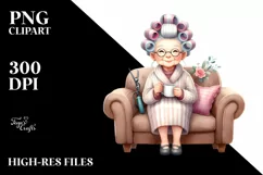 Watercolor Lady Sitting on Sofa with Hair Curlers | Clipart Product Image 1