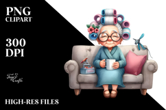 Watercolor Lady Sitting on Sofa with Hair Curlers | Clipart Product Image 2