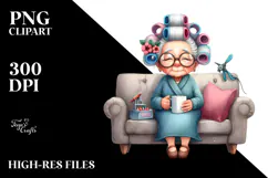 Watercolor Lady Sitting on Sofa with Hair Curlers | Clipart Product Image 2