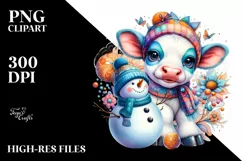 Watercolor Cow Snowman PNG Product Image 1