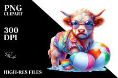Colorful Baby Highland Cow in Beachwear, PNG Product Image 2