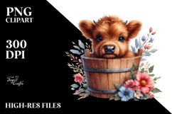 Highland Cow in Wooden Bucket, Transparent PNG Product Image 1