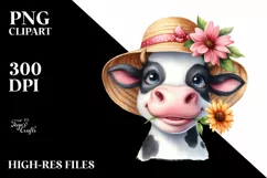 Watercolor Cow Sun Hat Big Eyes |Clipart Product Image 1