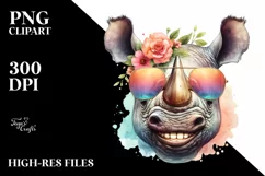 Funny Cute Rhino Portrait Smiling | Watercolor Clipart Product Image 1