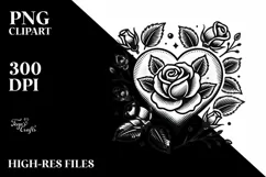 Simple Tattoo Style Heart with Roses PNG Product Image 2