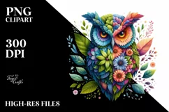 Abstract Vibrant Owl with Plant Leaves PNG Product Image 3