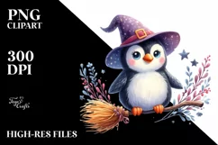 Colorful Whimsical Penguin Witch Broom Clipart Product Image 3