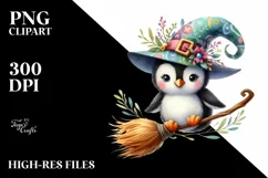 Colorful Whimsical Penguin Witch Broom Clipart Product Image 3