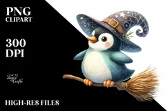 Colorful Whimsical Penguin Witch Broom Clipart Product Image 3