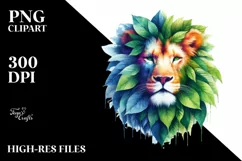 Abstract Vibrant Lion with Plant Leaves PNG Product Image 3