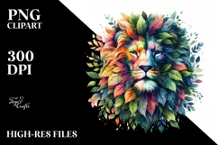 Abstract Vibrant Lion with Plant Leaves PNG Product Image 1