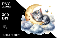 Sleeping Baby Kitten on the Moon, Watercolor PNG Product Image 2