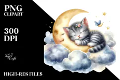 Sleeping Baby Kitten on the Moon, Watercolor PNG Product Image 2