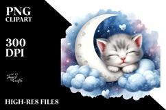 Sleeping Baby Kitten on the Moon, Watercolor PNG Product Image 2