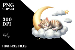 Sleeping Baby Kitten on the Moon, Watercolor PNG Product Image 2
