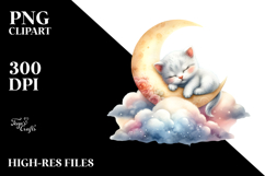 Sleeping Baby Kitten on the Moon, Watercolor PNG Product Image 2
