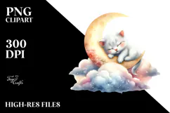 Sleeping Baby Kitten on the Moon, Watercolor PNG Product Image 2