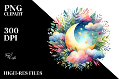 Vibrant Watercolor Moon with Foliage | Whimsical Clipart Product Image 2