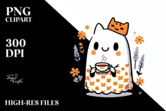 Cute Ghost with Tea and Animal Print PNG Product Image 1