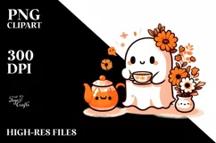 Cute Ghost with Tea and Animal Print PNG Product Image 1