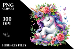 Cute Baby Unicorn with Floral Wreath PNG Product Image 2