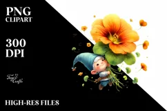 Watercolor Cute Gnome Falling Nasturtium | Clipart Product Image 1