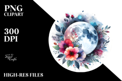 Vibrant Abstract Moon with Flowers | Watercolor Clipart Product Image 2