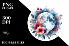 Vibrant Abstract Moon with Flowers | Watercolor Clipart Product Image 1