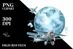 Watercolor Washed Blueish Vintage Plane | Clipart Product Image 1